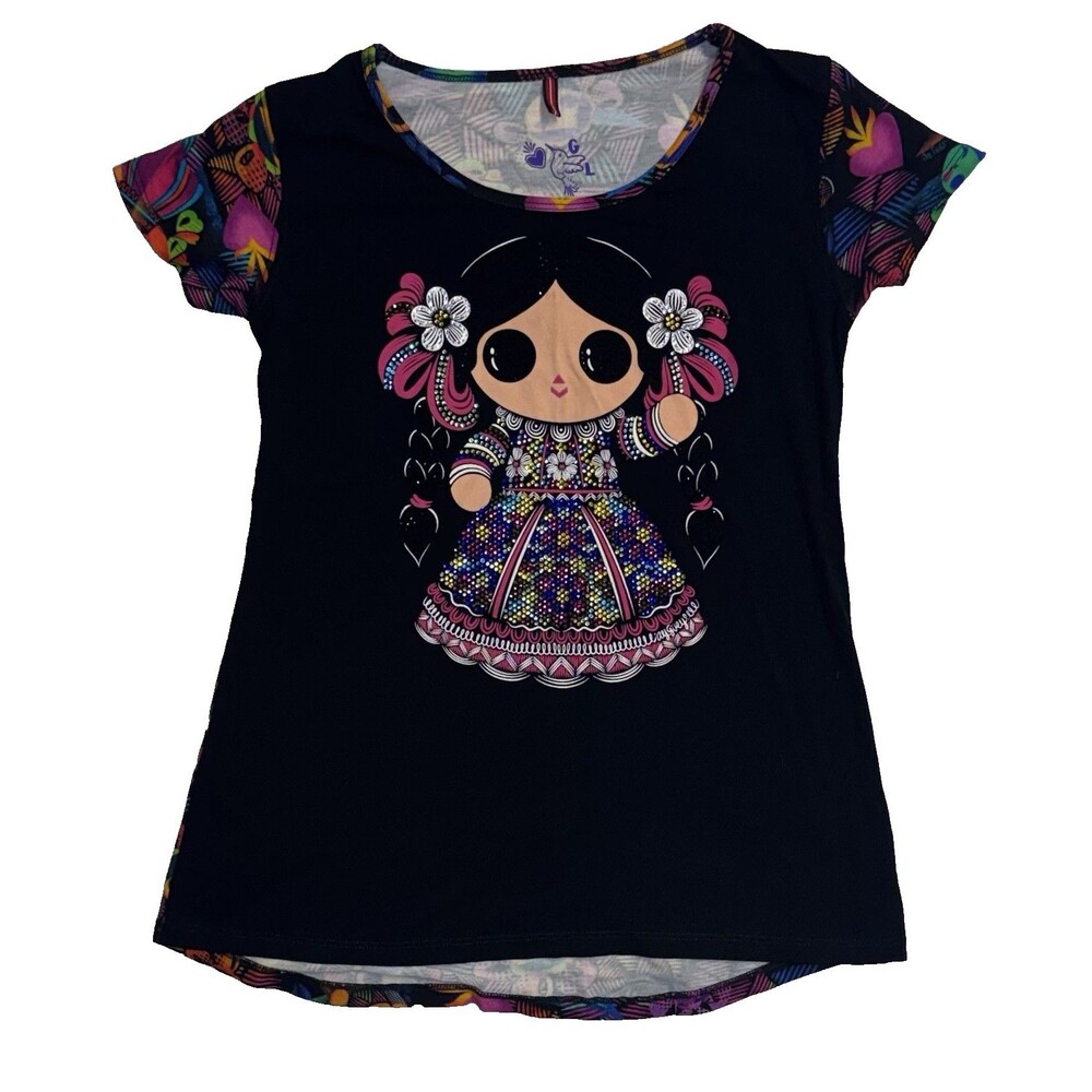 AY GUEY! Rhinestone Embellished Mexican Doll Tshirt Size G / L Slim Multicolor